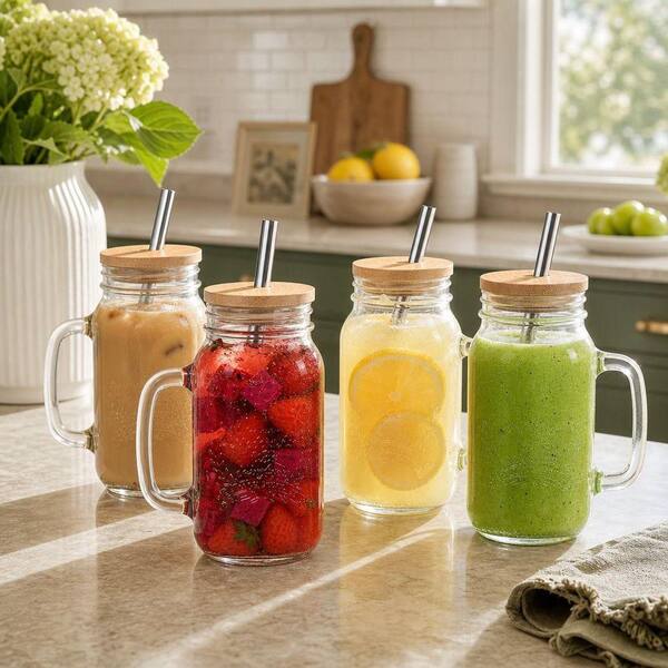 Wudkey 4-Piece 24 oz. Glass Mason Jar Cups with Lids and Straws, Mason Jar Drinking Glasses with Lid and Straw