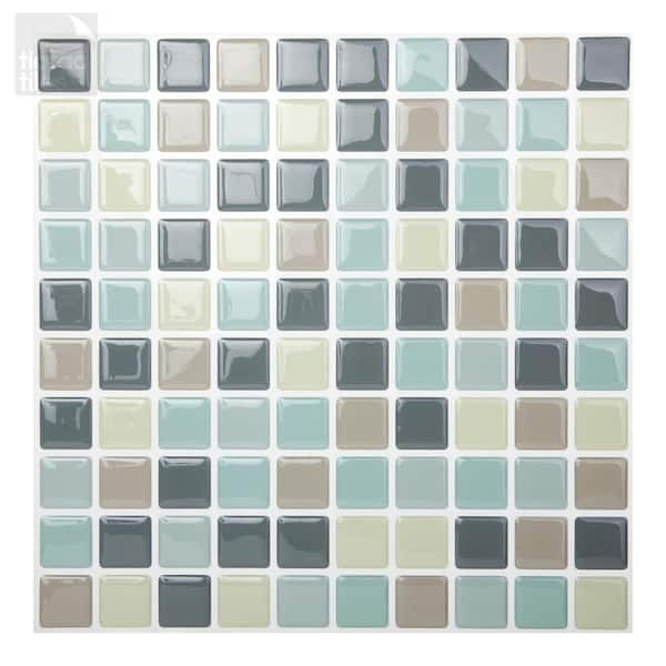 Tic Tac Tiles Mosaic Mintgray 10 in. W x 10 in. H Peel and Stick Self-Adhesive Decorative Mosaic Wall Tile Backsplash (5-Tiles)