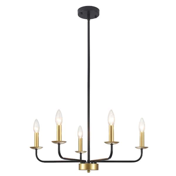 5-Light Black Gold Dimmable Modern Candle Chandelier for Living Room with No Bulbs Included