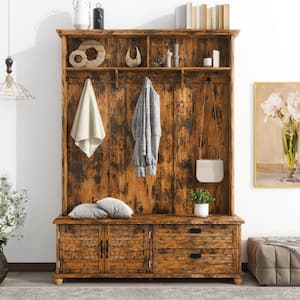 Modern Style Hall Tree with Storage Cabinet and 2 Large Drawers, Widen Mudroom Bench with 5 Coat Hooks, Rustic Brown