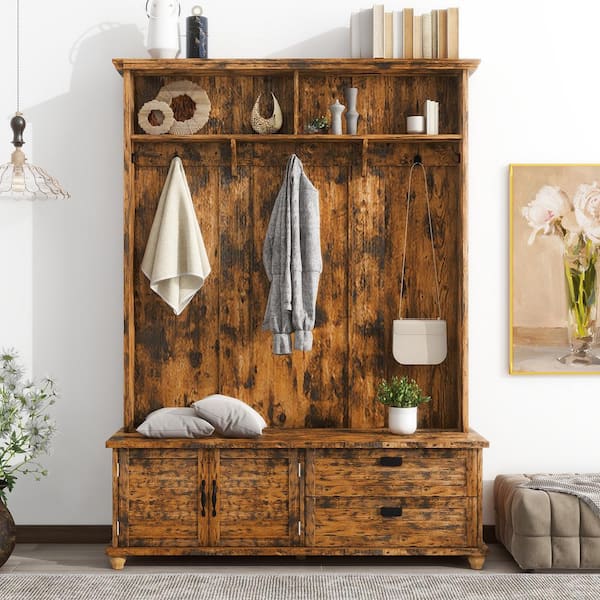 Cesicia Modern Style Hall Tree with Storage Cabinet and 2 Large Drawers,  Widen Mudroom Bench with 5 Coat Hooks, Rustic Brown QS1-1w-16 - The Home  Depot
