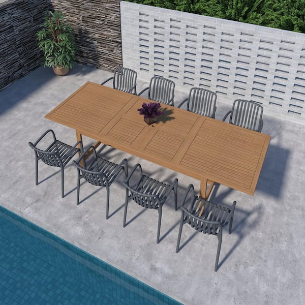 Takamaka 9-Piece Teak Finish Wood 100% FSC Rectangular Patio Dining Set Grey