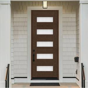 Regency 36 in. W. x 96 in. 5 L Modern Frosted Glass RHIS Hickory-Stained Fiberglass Prehend Front Door