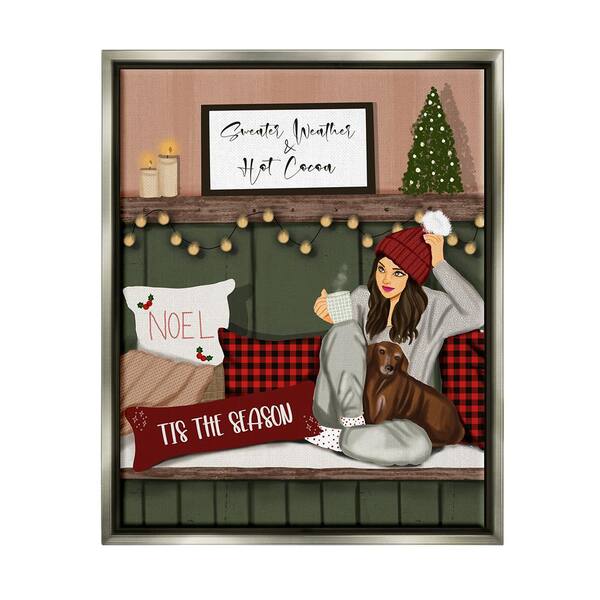 Stupell Industries Cozy Girl with Christmas Phrase by Saba Rauf 1 Piece Floater Frame Graphic Print People Poster Art Print 21 in. x 17 in.