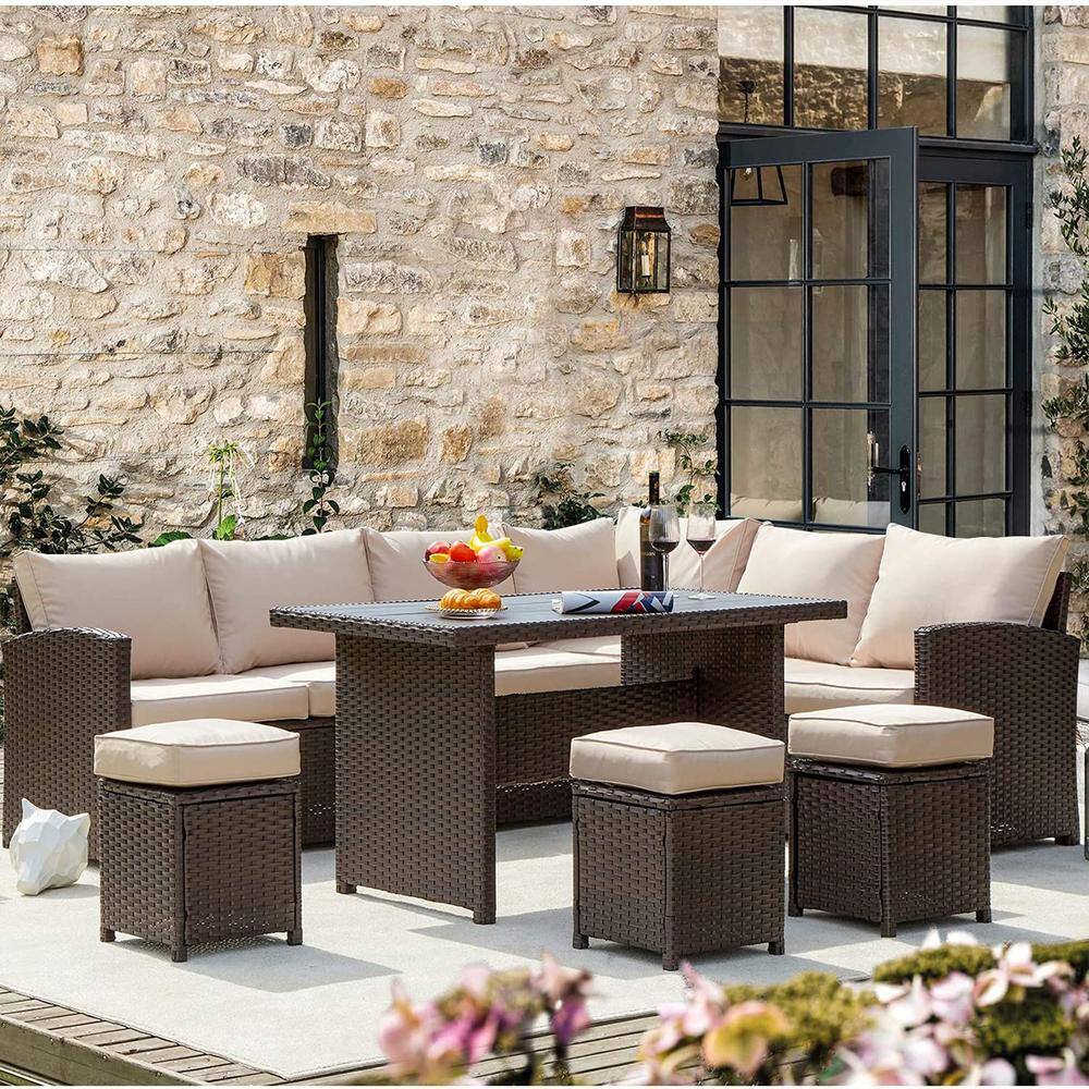 AECOJOY 7-Pieces Patio Brown Wicker Furniture Set with Beige Cushions - 2