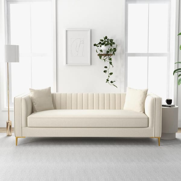 Ashcroft Furniture Co Kali 84 in. W Square Arm Mid Century Modern Luxury French Boucle Fabric Sofa in Ivory (Seats 3)