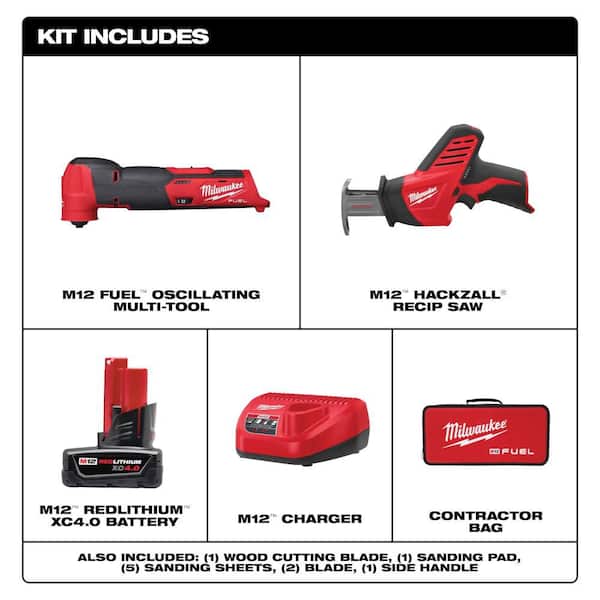 M12 FUEL 12V Lithium-Ion Cordless Oscillating Multi-Tool Kit with 4.0 Ah Battery, Charger, Bag & Reciprocating Saw