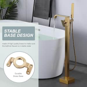 Single Handle Floor Mounted Freestanding Tub Filler with Diverter and Handshower in Gold