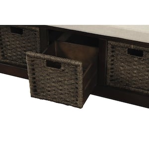 17''H X 43.7''W X 15.7''D Rustic Storage Bench with 3 Removable Classic Rattan Basket, Removable Cushion in Espresso