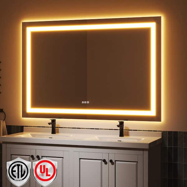 60 in. W x 40 in. H Rectangular Frameless LED Light Anti-Fog Bathroom Wall Mirror with Backlit and Front Light