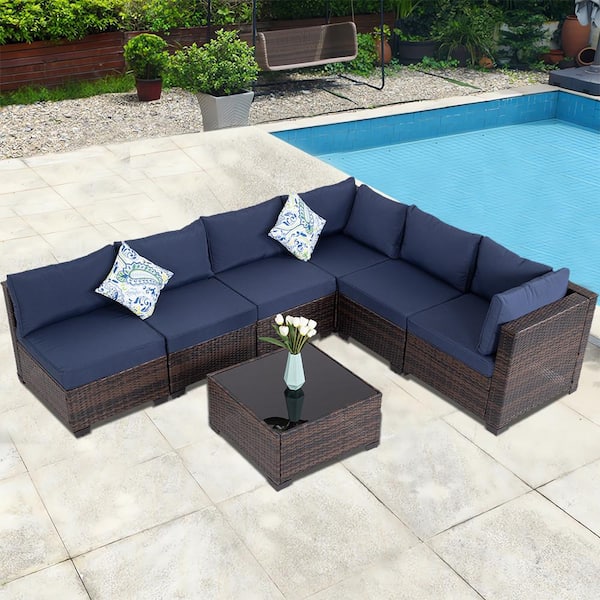 Sudzendf Brown 7-Piece Wicker Outdoor Patio Conversation Set with Blue Cushions and Black-Glass Coffee Table