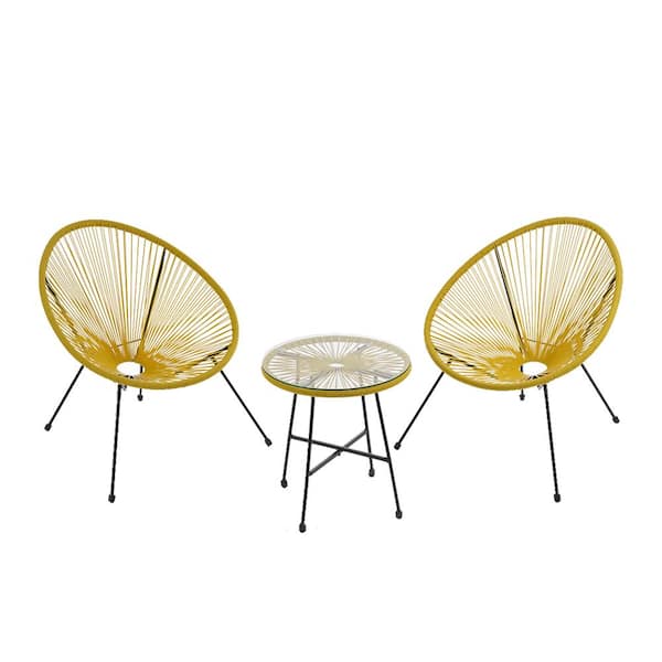 Unbranded 3-Pieces Yellow Outdoor Bistro PE wicker Chairs with Glass Top Coffee Table