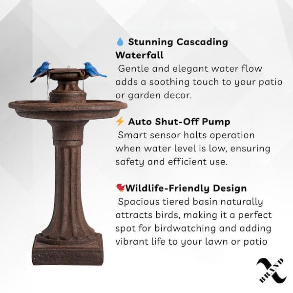 28 in. Tiered Freestanding Classic Bird Bath Outdoor Water Fountain with Auto Shut-Off Pump, Brown