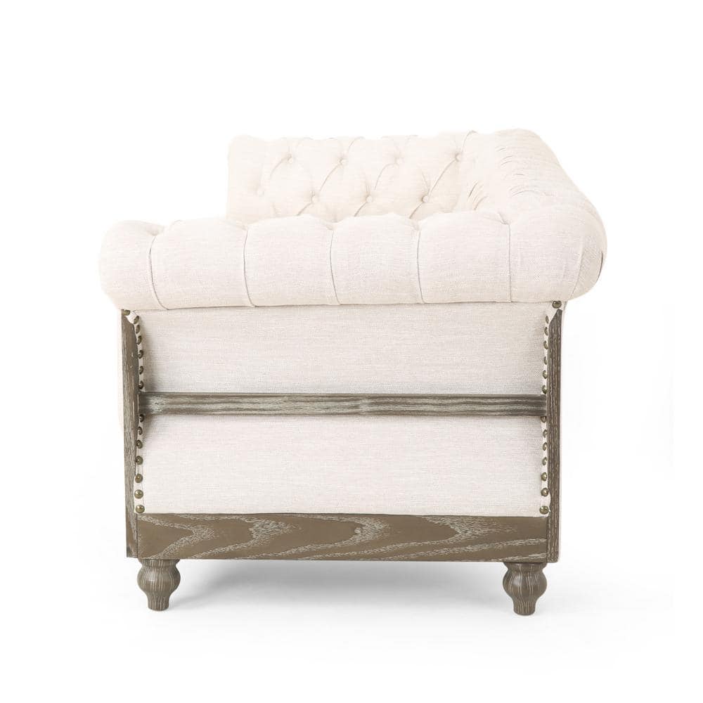 Beige Tufted Chesterfield Sofa with Nailhead Accents and Wood Frame