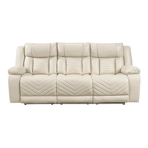 Durant 87 in. W Pillow Top Arm Faux Leather Rectangle Power Double Reclining Sofa in Beige