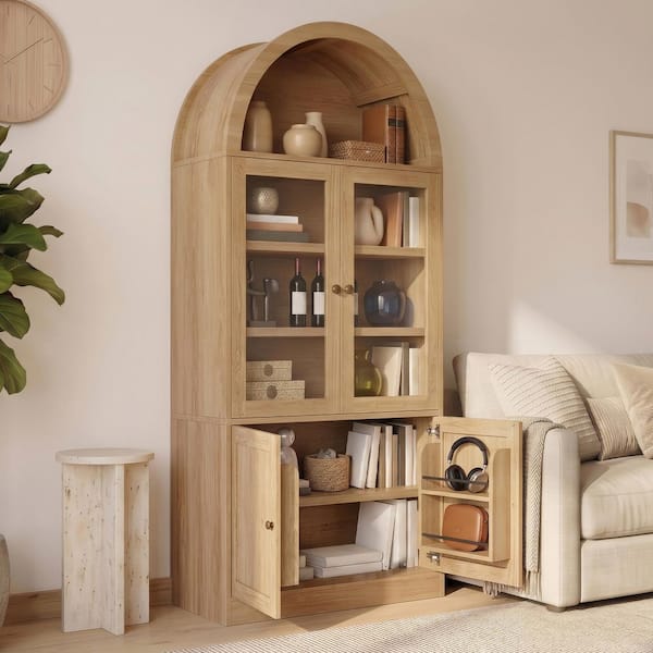 Natural 71.25 in. Tall Arched Storage Cabinet with Tempered Glass Doors, 5-Tier Shelves, Door Inner Shelves