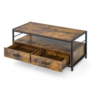 41.5 in. Brown Rectangle Wood Top Coffee Table with Storage Drawers and Shelf and Metal Frame for Living Room