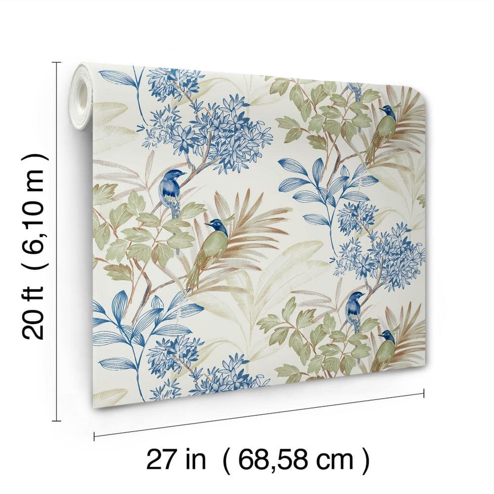 Green and Blue Handpainted Songbird Peel & Stick Wallpaper