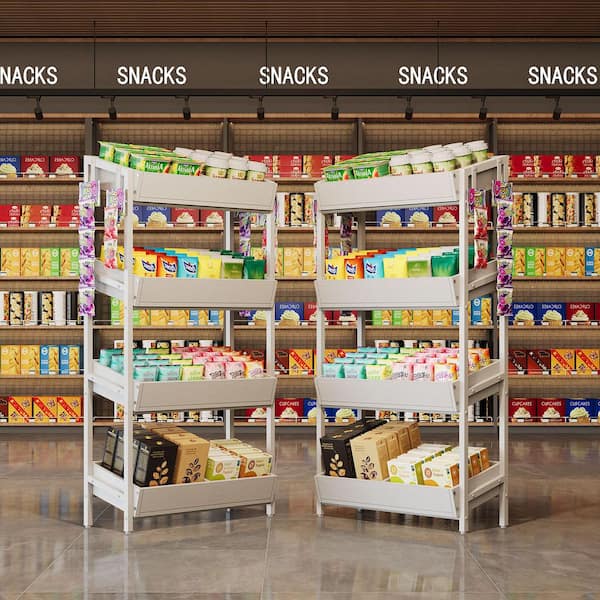 BYBLIGHT Eulas 2PCS White 29.13 in. 4-Tier Display Cabinet Basket, Retail Rack Stand, Snack Candy Rack Organizer with Metal Frame