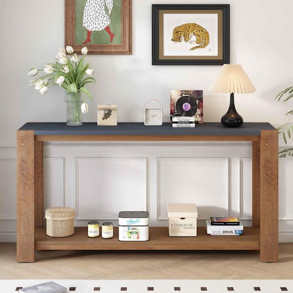 Polibi 59.8 in. Black, Brown Rectangle Wood Console Table with Bottom Shelf and Four Legs, Suitable