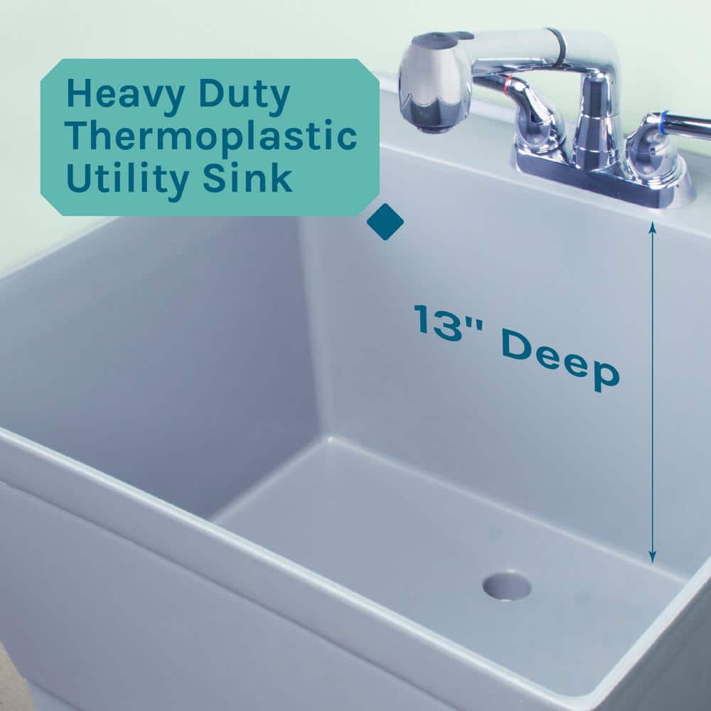 Gray Freestanding Utility Sink with Chrome Faucet and Metal Legs