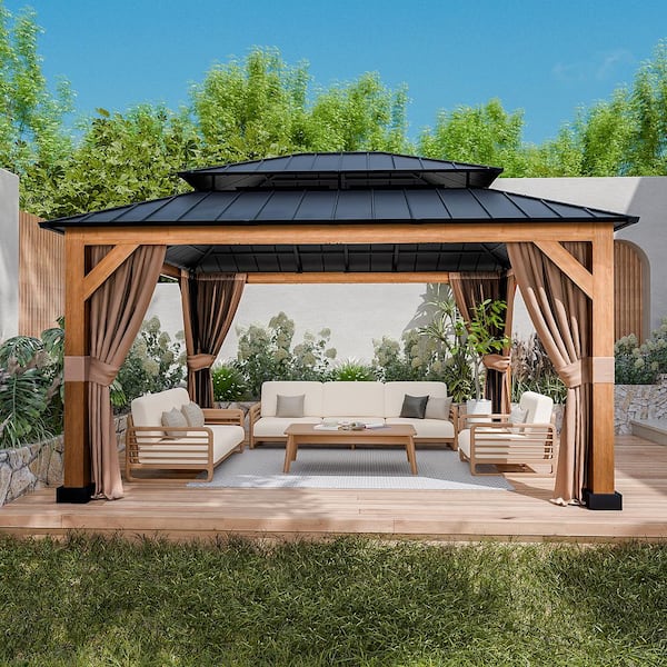 13 ft. x 15 ft. Wood Grain Aluminum Gazebo with Double Steel Roof, Ceiling Hook, Curtains and Mosquito Netting