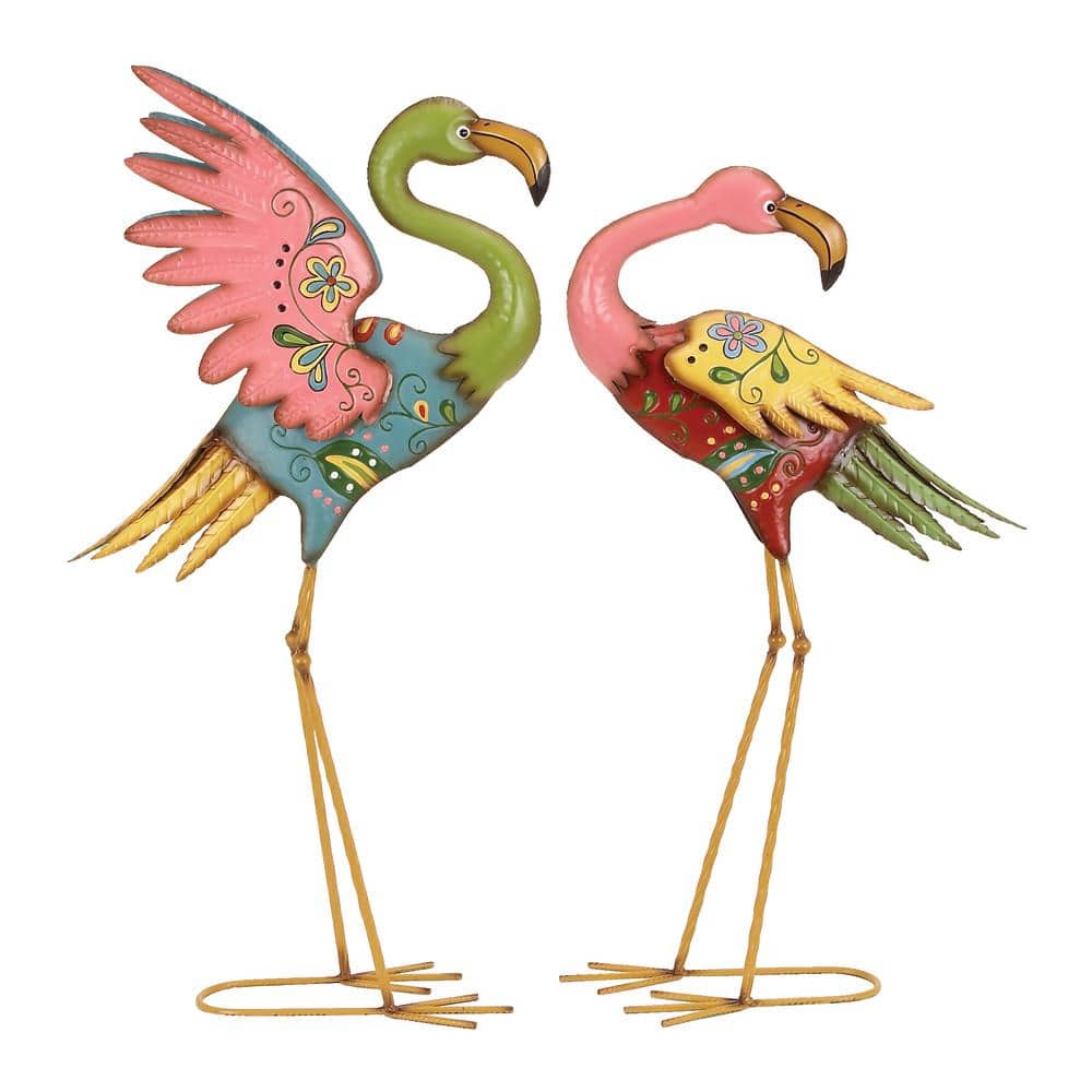 28" Multicolor Hand-Painted Metal Flamingo Garden Sculptures, Set of 2