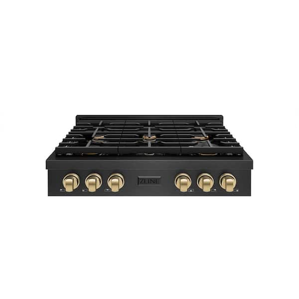 Autograph 36 in. Paramount Gas Rangetop with 6 Burners and Porcelain Cooktop in Black Satin with Champagne Accents