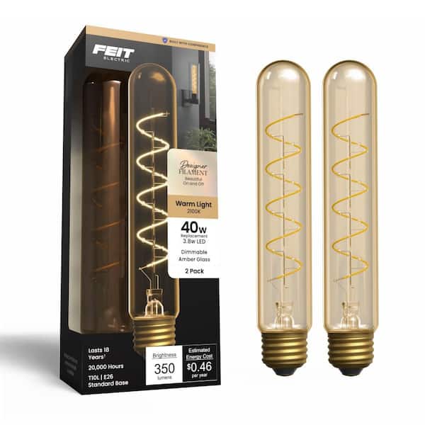 40-Watt Equivalent T10L Dimmable Spiral Filament E26 Amber Tubular LED Light Bulb, Warm White 2100K (2-Pack)