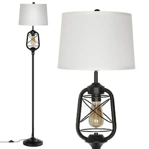 67 in. Black Classic Industrial 2-Lights Standard Floor Lamp with Fabric Drum and Metal Cage Shades with Dual Switch