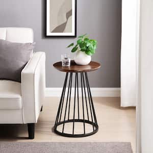 16 in. Dark Walnut/Black Modern Round Wood-Top End Table with Metal Cage Base
