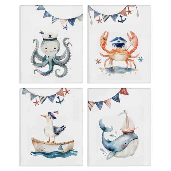 Maritime Sailor Animals by LSR Design Studio 4-Pieces Unframed Coastal Graphic Art Print 20 in. x 16 in.