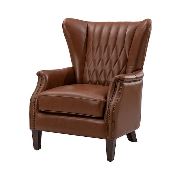 JAYDEN CREATION Valerius Brown Genuine Leather Armchair with Nailhead Trims and Solid Wood Legs