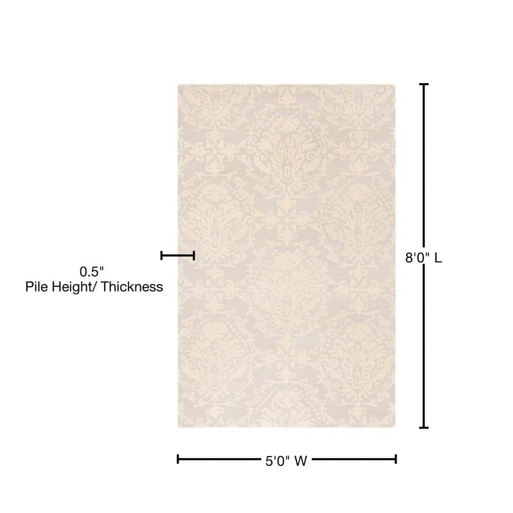 Light Grey and Ivory Floral Wool Tufted Area Rug 5' x 8'
