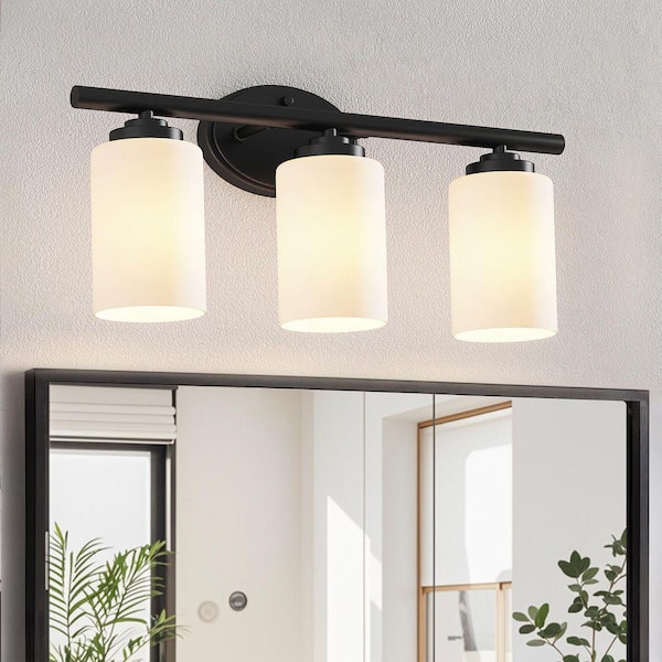 18.86 in. 3-Light Matte Black Vanity Light with Frosted Glass Shades