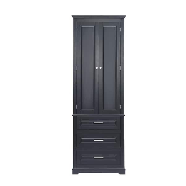 Tileon 24 in. W x 15.7 in. D x 70 in. H Black MDF Freestanding Linen Cabinet with Three Drawers