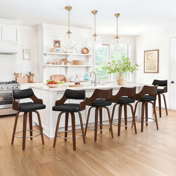 Gaspa 26 in. Black Premium Faux Leather Swivel Bar Stool with Solid Walnut Wood Frame and Open Back Support Set of 6