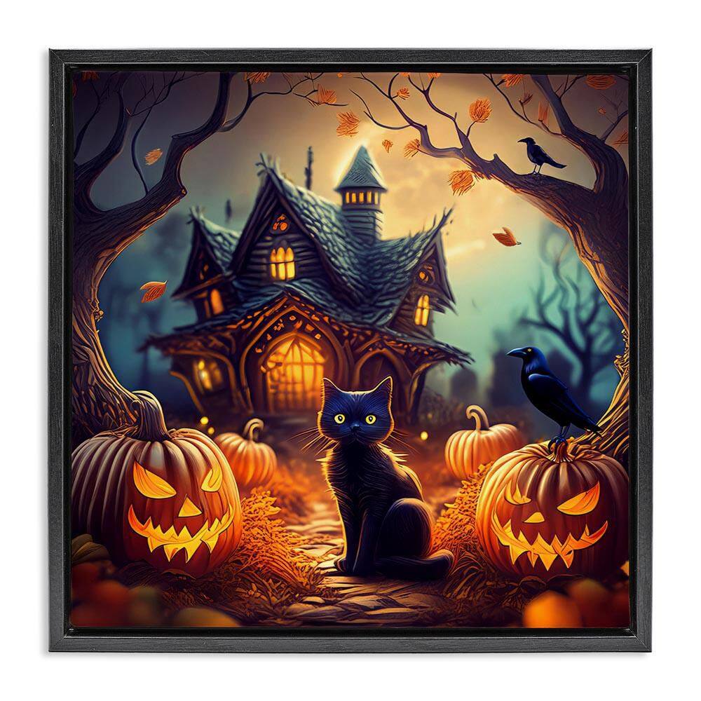Haunted House and Black Cat by Alina Georgescu Black Floater Frame Animal Graphic Art Print 25 in. x 25 in. price history on PriceWatchPro