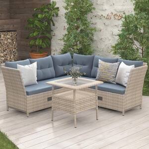 4-Piece Wicker Patio Conversation Set with Adjustable Backs and Gray Cushions