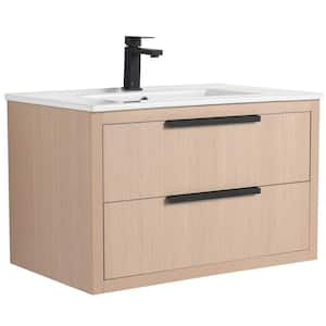 Kingsford 30 in. Single Wall Mounted White Oak Bath Vanity with Drawers with White Ceramic Sink Top