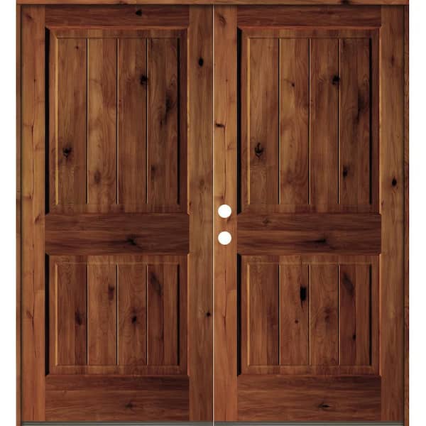 Krosswood Doors 72 in. x 80 in. Rustic Knotty Alder Square Top Red Chestnut Stain/V-Groove Right-Hand Wood Double Prehung Front Door