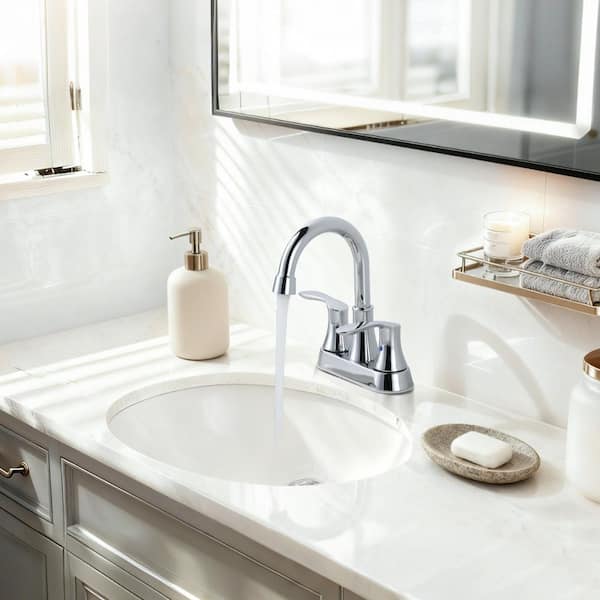 4 in. Centerset Double Handle 3 Holes High Arc Bathroom Faucetwith Pop-Up Drain in Chrome