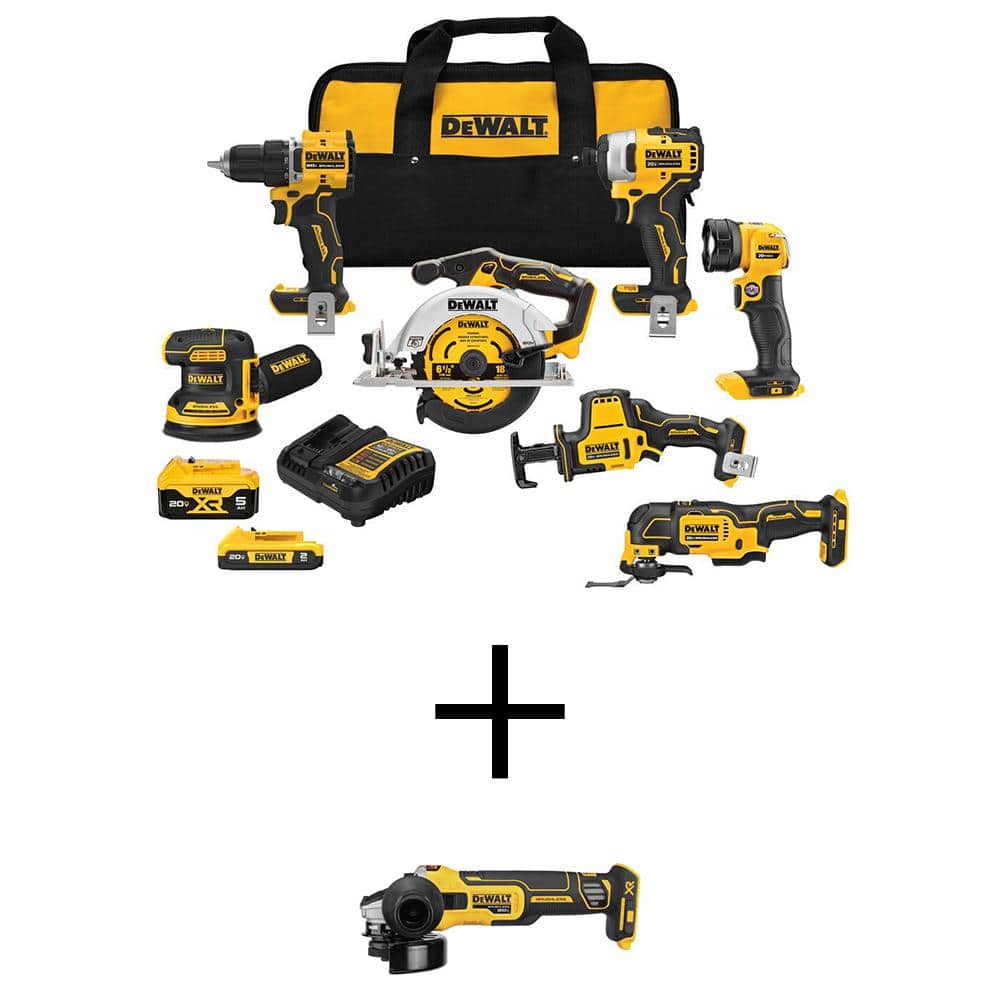 DEWALT 20V MAX Lithium-Ion Cordless 7-Tool Combo Kit and 4.5 in. Small Angle Grinder with 2Ah Battery, 5Ah Battery and Charger -  DCK700D1P1W405B