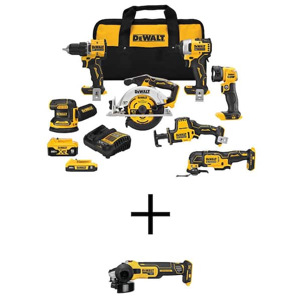 DEWALT 20V MAX Lithium-Ion Cordless 7-Tool Combo Kit and 4.5 in. Small Angle Grinder with 2Ah Battery, 5Ah Battery and Charger