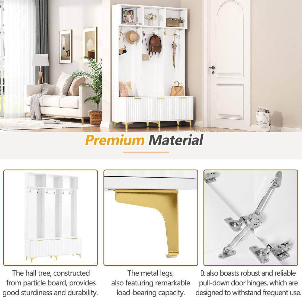 White and Gold Large Hall Tree with Bench and Storage