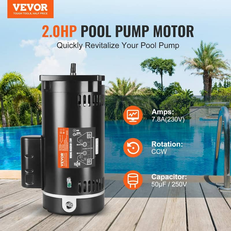 2 HP Replacement Pool Pump Motor 56Y Frame 230-Volt 3450 RPM 60Hz 1.3 SF 50μF/250V Capacitor, CCW Rotation Square Flange