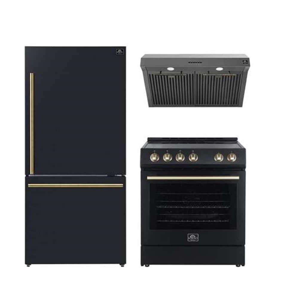 Forno 3-Piece Kitchen Bundle LeonardoEspresso 30 in. Black Rang 30 in. Black Range Hood 31 in. BlackBottom Freeze Refrigerator