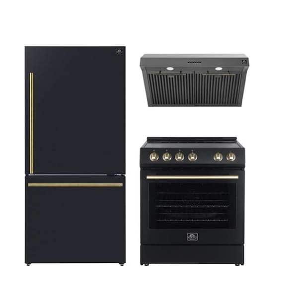Forno 3-Piece Kitchen Bundle LeonardoEspresso 30 in. Black Rang 30 in. Black Range Hood 31 in. BlackBottom Freeze Refrigerator