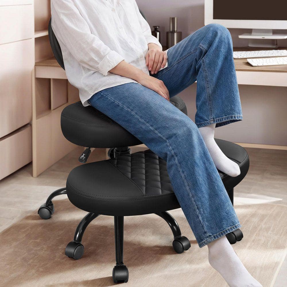 Black Occasional Chair Ergonomic Cross Legged Office Chair with Wheels, Adjustable Height, Lumbar Support
