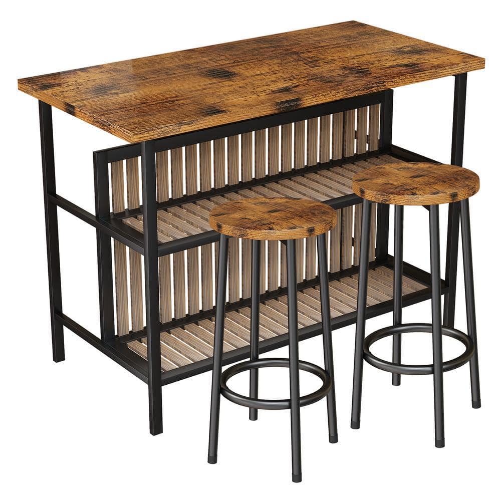 mieres Dora 3-Piece Rectangle Wood Top Rustic Brown Dining Table